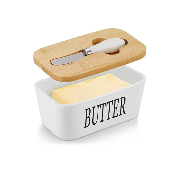 Ceramic - Container - Butter Dish with Bamboo Lid & Knife - 350ml - White