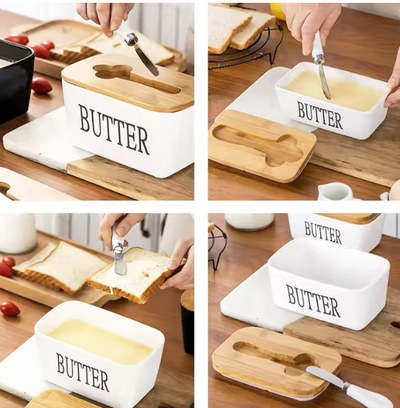 Ceramic - Container - Butter Dish with Bamboo Lid & Knife - 350ml - White
