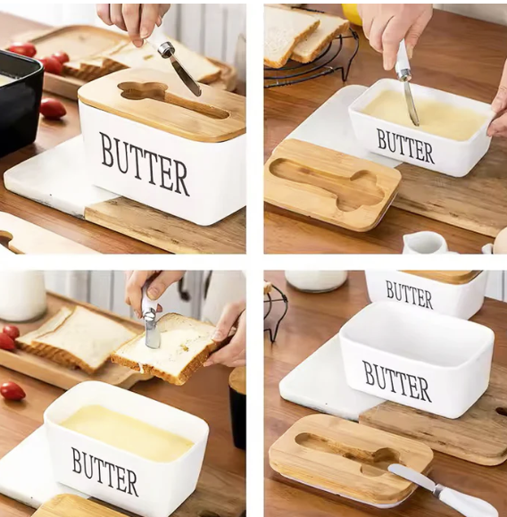 Ceramic - Container - Butter Dish with Bamboo Lid & Knife - 350ml - White
