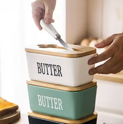 Ceramic - Container - Butter Dish with Bamboo Lid & Knife - 350ml - White