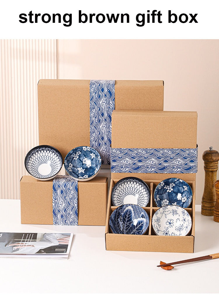 Ceramic - 4 Bowls - Gift Set - Japanese Blue Floral - Rice, Salad, Soup, Fruit Bowl