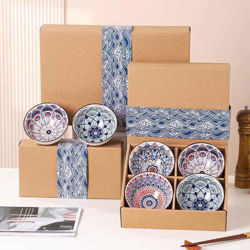 Ceramic - 2 Bowls - Gift Set - Moroccan Orange Blue Floral - Rice, Salad, Soup, Fruit Bowl 005