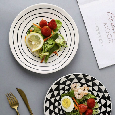Ceramic - Nordic 8 Inch - Flat Plate - Pasta, Fruit, Salad Plate - Set of 2 - Black Illusion