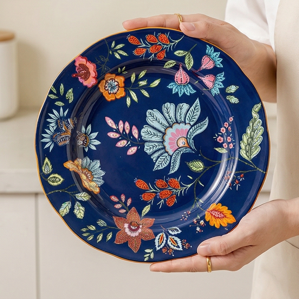 Ceramic - 8 &amp; 10 Inch - Round Deep &amp; Dinner Plate - Oxford Blue &amp; White Set of 2