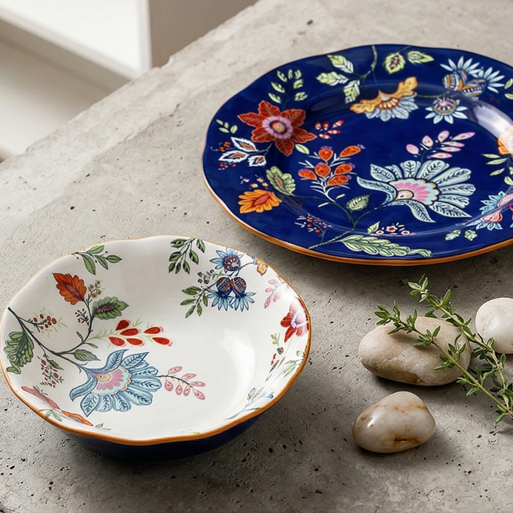 Ceramic - 8 &amp; 10 Inch - Round Deep &amp; Dinner Plate - Oxford Blue &amp; White Set of 2