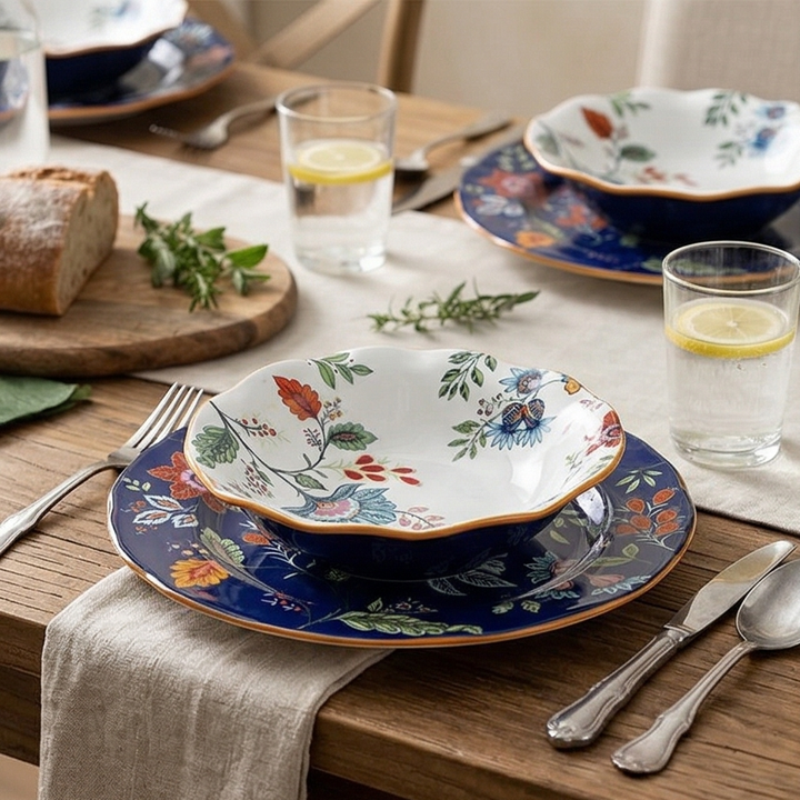 Ceramic - 8 &amp; 10 Inch - Round Deep &amp; Dinner Plate - Oxford Blue &amp; White Set of 2