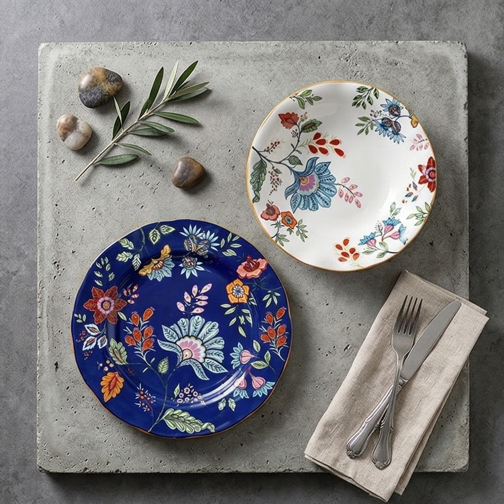 Ceramic - 8 &amp; 10 Inch - Round Deep &amp; Dinner Plate - Oxford Blue &amp; White Set of 2