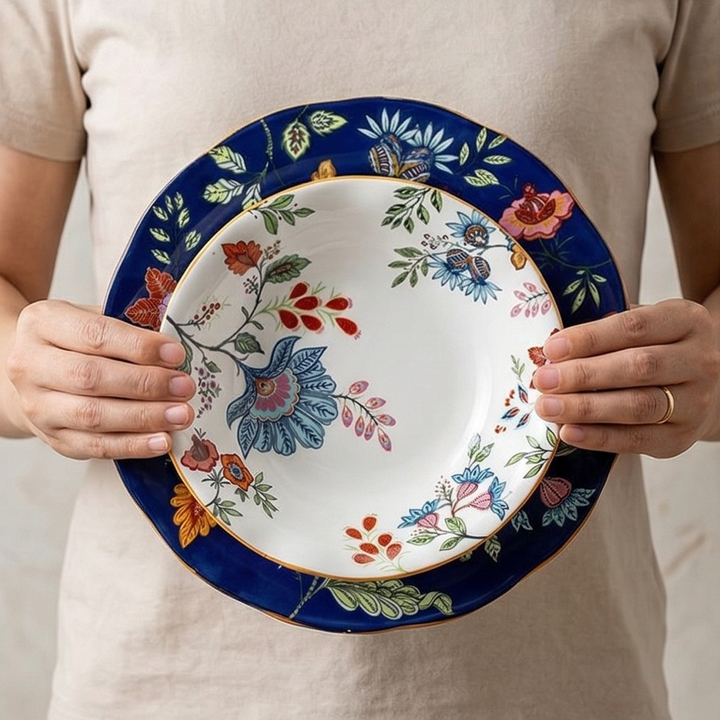 Ceramic - 8 &amp; 10 Inch - Round Deep &amp; Dinner Plate - Oxford Blue &amp; White Set of 2