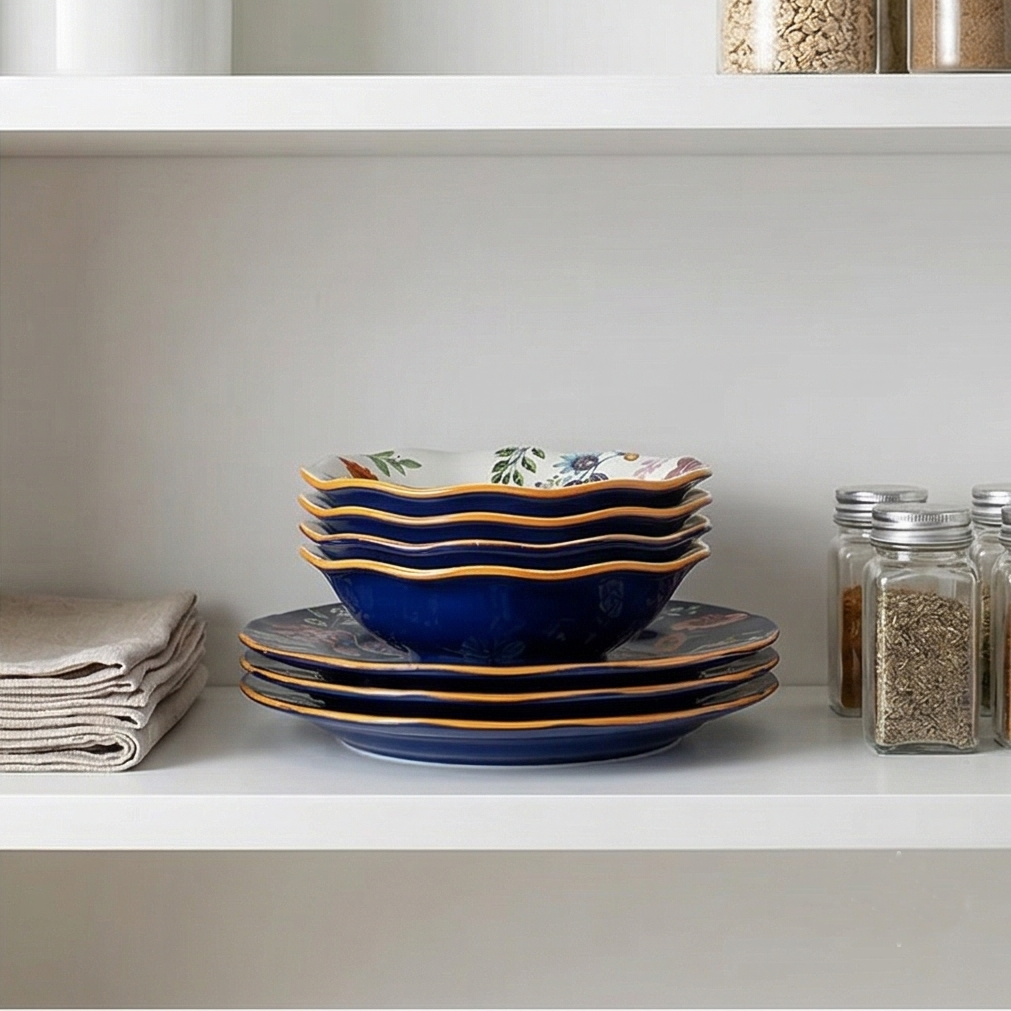 Ceramic - 8 &amp; 10 Inch - Round Deep &amp; Dinner Plate - Oxford Blue &amp; White Set of 2