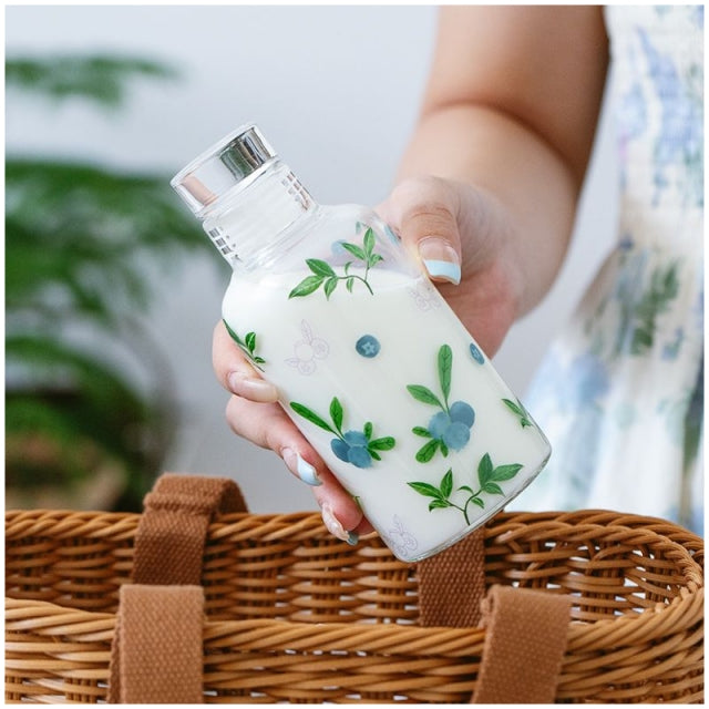 Glass Borosilicate - Bottle - 300 ml - Floral Printed - Minty Mint