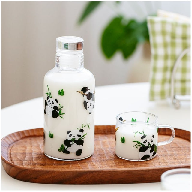 Glass Borosilicate - Bottle - 300 ml - Floral Printed - Panda Bear