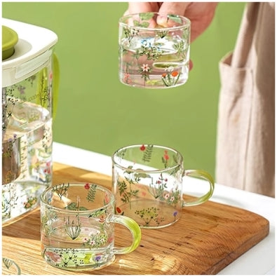 Glass Borosilicate - Tea Coffee Water Cup 90ml, Set of 2 - Floral Printed - Summer Floral