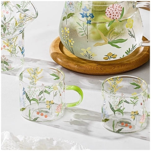 Glass Borosilicate - Tea Coffee Water Cup 90ml, Set of 2 - Floral Printed - Summer Floral