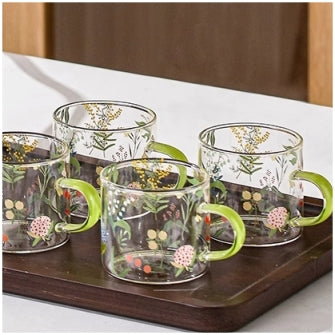 Glass Borosilicate - Tea Coffee Water Cup 90ml, Set of 2 - Floral Printed - Summer Floral