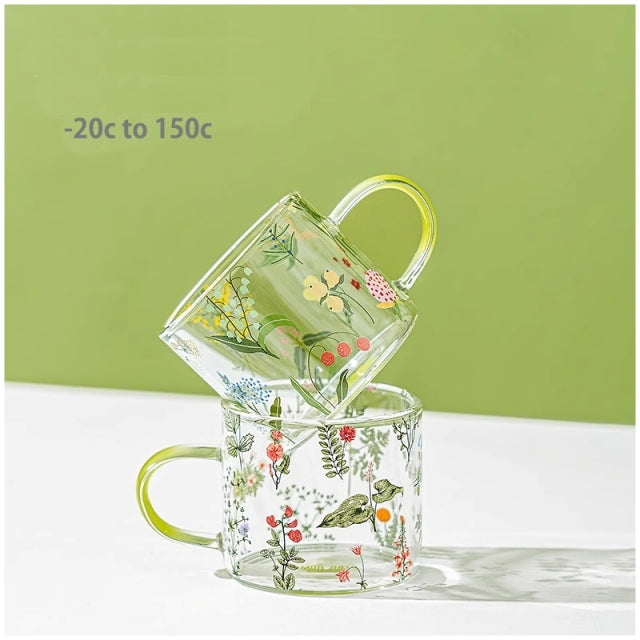 Glass Borosilicate - Tea Coffee Water Cup 90ml, Set of 2 - Floral Printed - Summer Floral