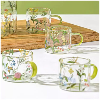 Glass Borosilicate - Tea Coffee Water Cup 90ml, Set of 2 - Floral Printed - Summer Floral