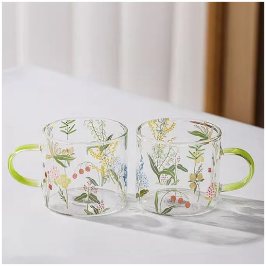 Glass Borosilicate - Tea Coffee Water Cup 90ml, Set of 2 - Floral Printed - Summer Floral