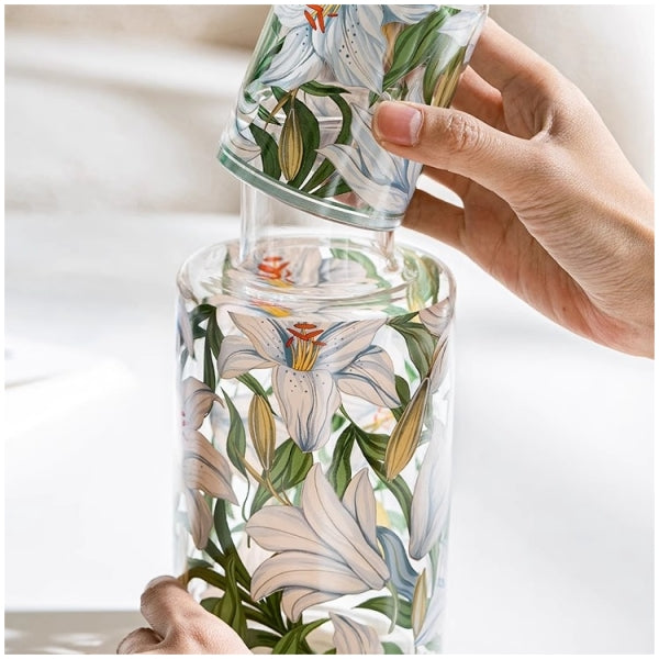 Glass Borosilicate - Water Pitcher Jug with Glass 1200 ml - Floral Printed - Blue Lillies