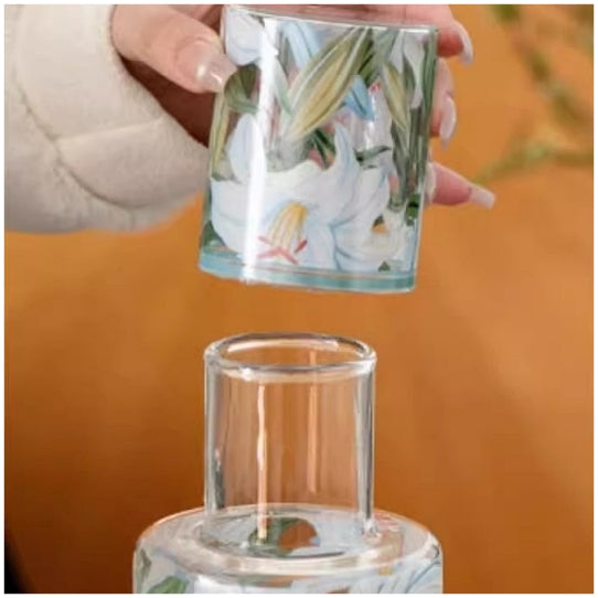 Glass Borosilicate - Water Pitcher Jug with Glass 1200 ml - Floral Printed - Blue Lillies