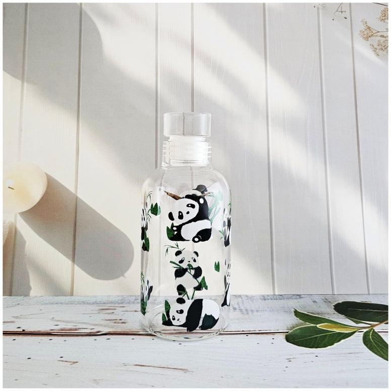 Glass Borosilicate - Bottle - 300 ml - Floral Printed - Panda Bear