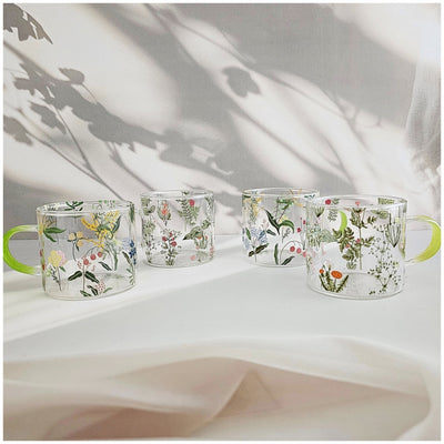 Glass Borosilicate - Tea Coffee Water Cup 90ml, Set of 2 - Floral Printed - Summer Floral