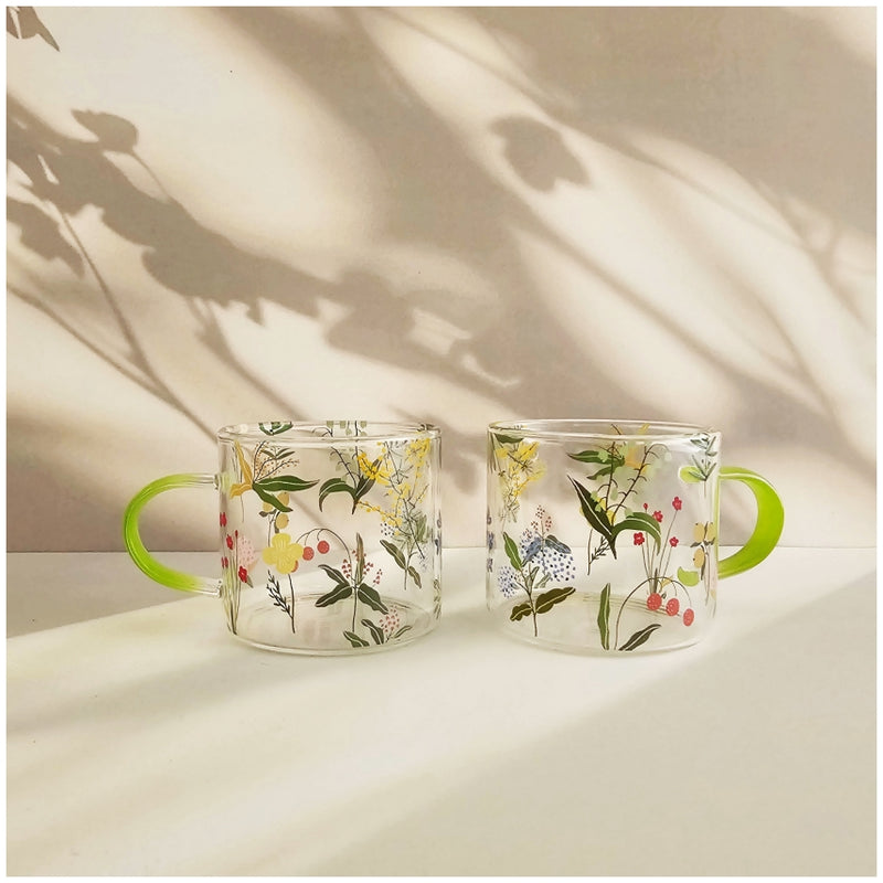 Glass Borosilicate - Tea Coffee Water Cup 90ml, Set of 2 - Floral Printed - Summer Floral