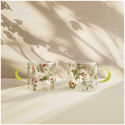 Glass Borosilicate - Tea Coffee Water Cup 90ml, Set of 2 - Floral Printed - Summer Floral