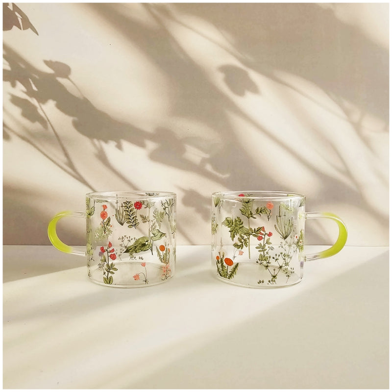 Glass Borosilicate - Tea Coffee Water Cup 90ml, Set of 2 - Floral Printed - Summer Floral