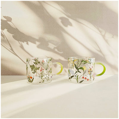 Glass Borosilicate - Tea Coffee Water Cup 90ml, Set of 2 - Floral Printed - Summer Floral