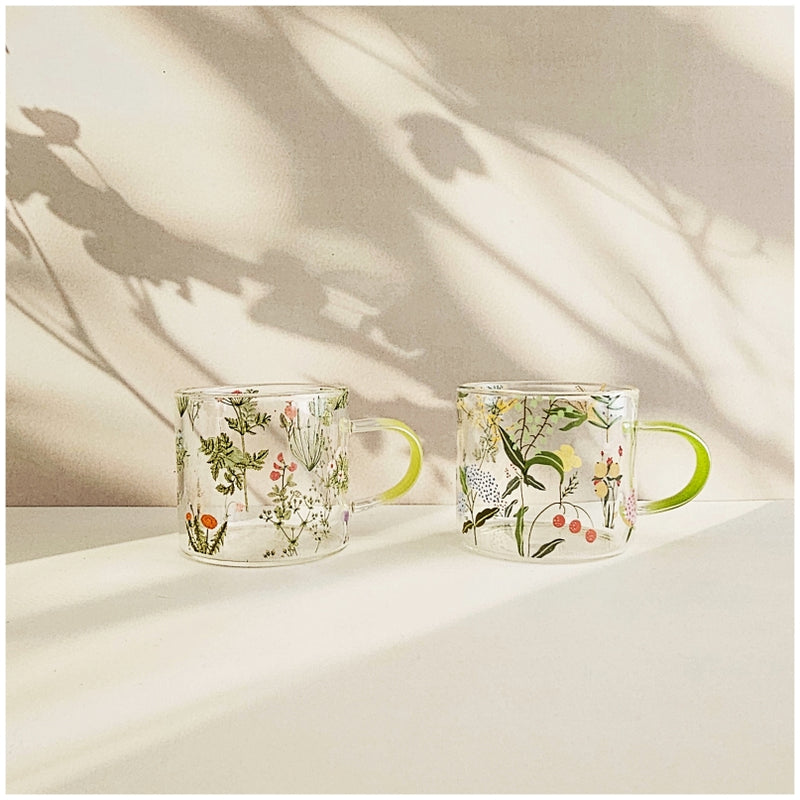 Glass Borosilicate - Tea Coffee Water Cup 90ml, Set of 2 - Floral Printed - Summer Floral