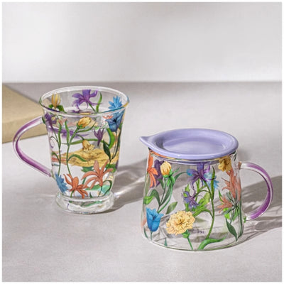Glass Borosilicate - Tea Coffee Water Mug with Lid, Set of 2 - Floral Printed - Wild Flower