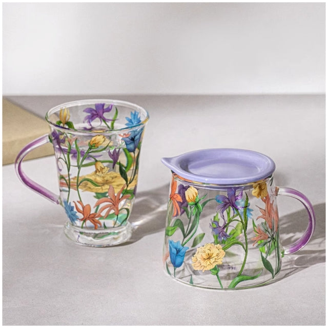 Glass Borosilicate - Tea Coffee Water Mug with Lid, Set of 2 - Floral Printed - Wild Flower