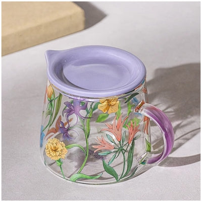 Glass Borosilicate - Tea Coffee Water Mug with Lid, Set of 2 - Floral Printed - Wild Flower