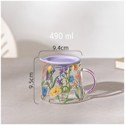 Glass Borosilicate - Tea Coffee Water Mug with Lid, Set of 2 - Floral Printed - Wild Flower