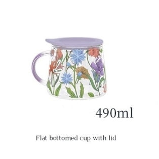Glass Borosilicate - Tea Coffee Water Mug with Lid, Set of 2 - Floral Printed - Wild Flower