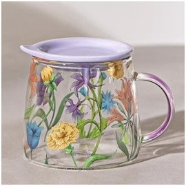 Glass Borosilicate - Tea Coffee Water Mug with Lid, Set of 2 - Floral Printed - Wild Flower