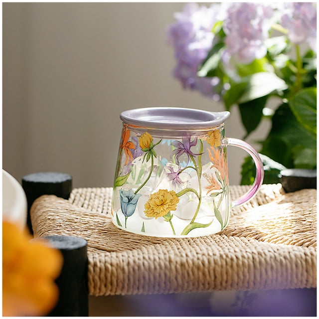 Glass Borosilicate - Tea Coffee Water Mug with Lid, Set of 2 - Floral Printed - Wild Flower