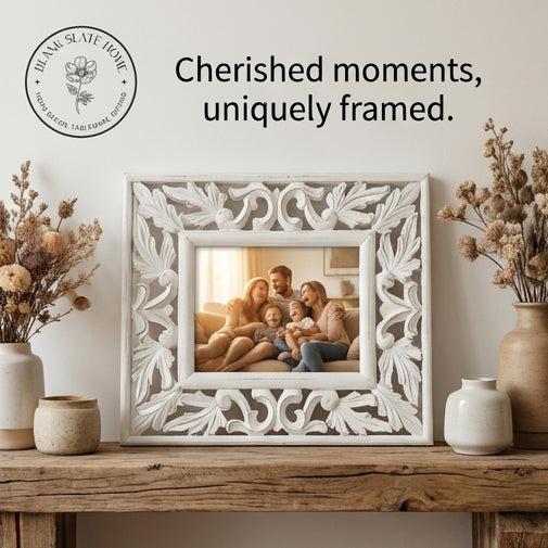 Photo Frame - Distress White - Leaves Carving with border
