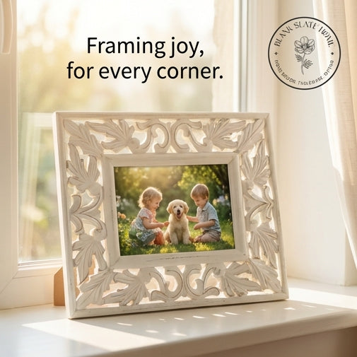 Photo Frame - Distress White - Leaves Carving with border