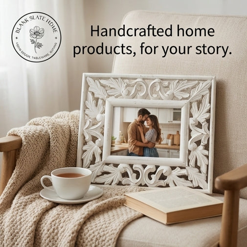 Photo Frame - Distress White - Leaves Carving with border