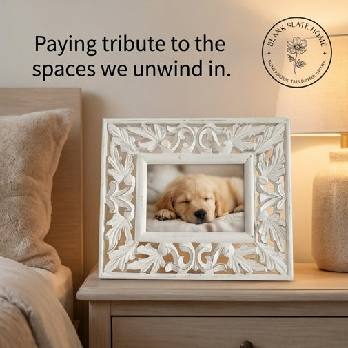 Photo Frame - Distress White - Leaves Carving with border
