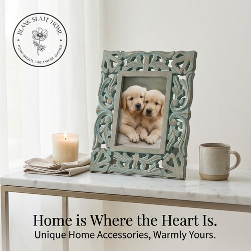 Photo Frame - Distress Blue Green - Heart Carvings