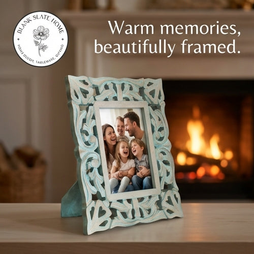 Photo Frame - Distress Blue Green - Heart Carvings