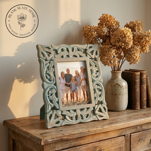 Photo Frame - Distress Blue Green - Heart Carvings