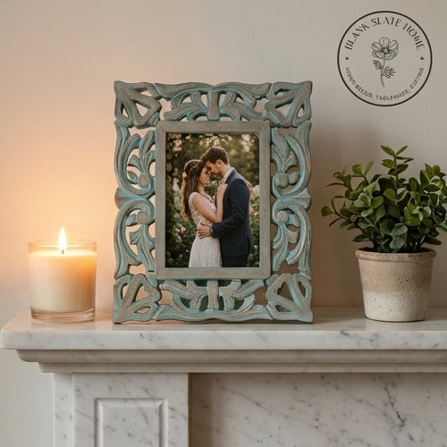 Photo Frame - Distress Blue Green - Heart Carvings