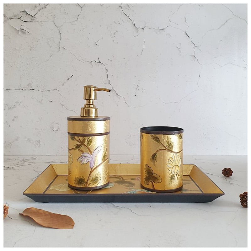 Hand Painted - Bath Accessories (Set of 3) - Golden Leaf