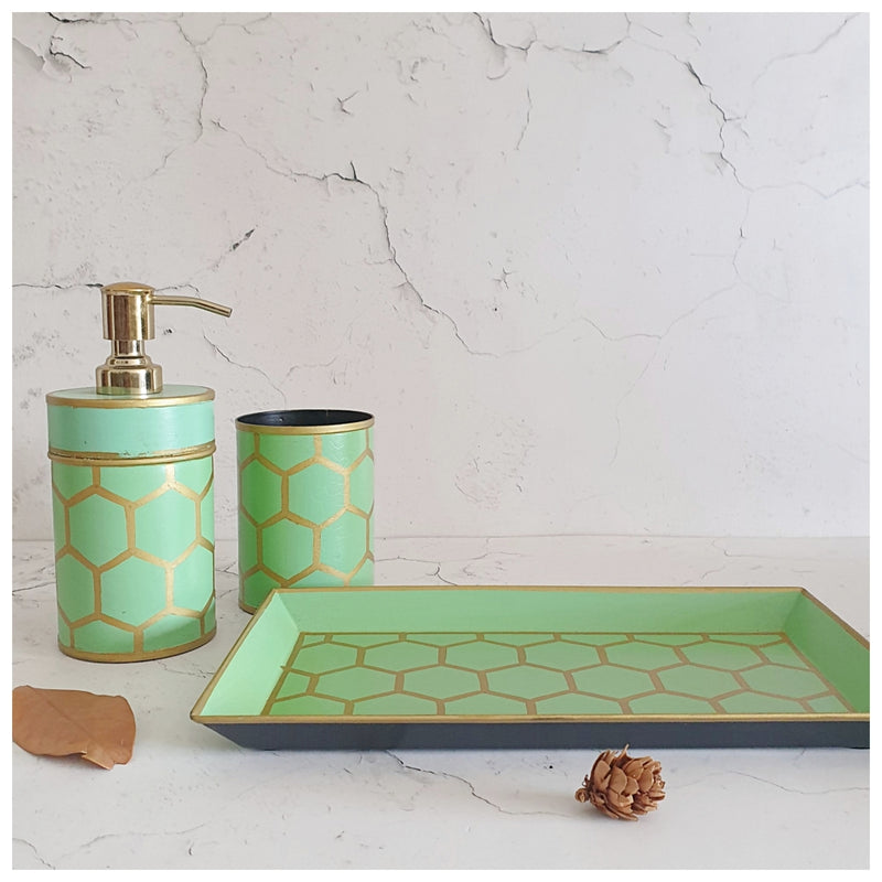 Hand Painted - Bath Accessories (Set of 3) - Mint Honey Comb