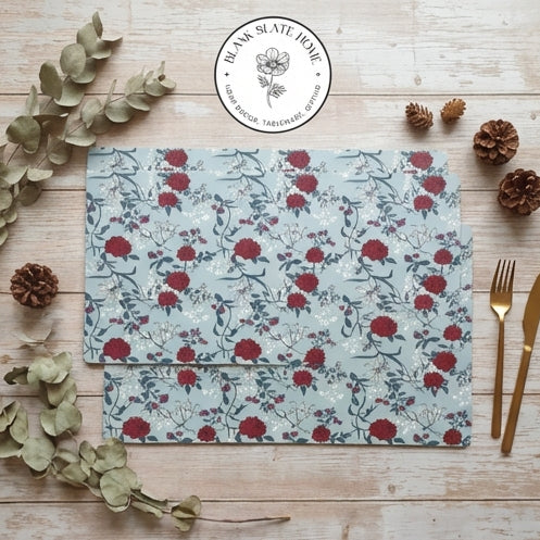 WIPE CLEAN TABLEMATS/PLACEMATS - GRAY &amp; RED FLORAL