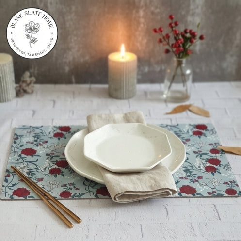 WIPE CLEAN TABLEMATS/PLACEMATS - GRAY &amp; RED FLORAL