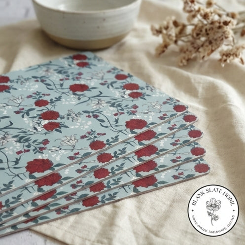 WIPE CLEAN TABLEMATS/PLACEMATS - GRAY &amp; RED FLORAL